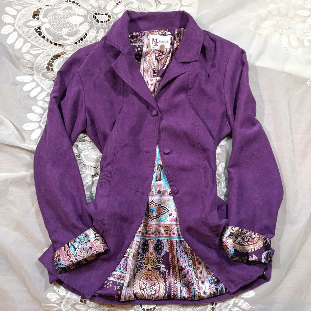 Vintage Whimsical Goth Fall Purple Faux Suede Paisley Lined Blazer Jacket S